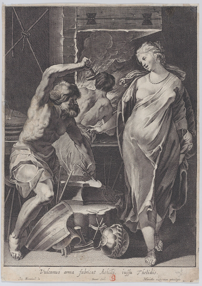 Vulcan forging the armor of Achilles, Pierre Daret (French, Paris ca. 1604–1675 Dax), Engraving 