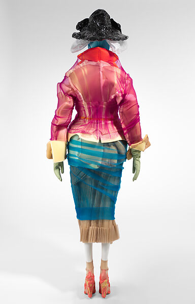 Ensemble, Maison Margiela (French, founded 1988), (a) plastic (possibly polyethylene), paper, (b) plastic (polyurethane foam), nylon, cotton, metal, (c) synthetic fiber, metal, (d) plastic (polyurethane foam), cotton, metal, (e) plastic (polyurethane foam), cotton, metal, (f) cotton, plastic (possibly polyethylene), metal, (g) nylon, (h) silk, cotton, (i, j) leather, nylon, plastic (polyurethane foam), (k, l) leather, (m) nylon, cotton, (n) nylon, French