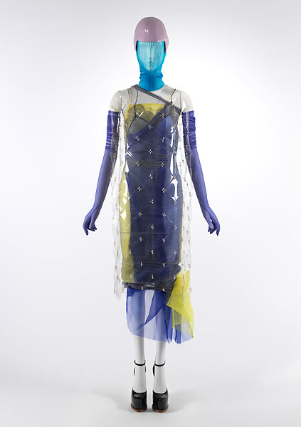 Ensemble, Maison Margiela (French, founded 1988), (a) nylon, plastic, (b) plastic (polyurethane foam, possibly polyethylene), nylon, (c) plastic (possibly polyethylene), metal, (d) silk, (e, f) leather, (g, h) leather, metal, (i) nylon, French