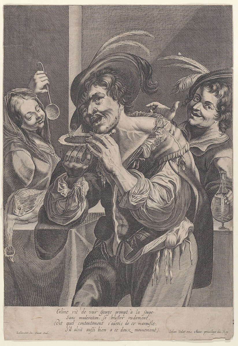 Man drinking soup while two people watch him, Pierre Daret (French, Paris ca. 1604–1675 Dax), Engraving 