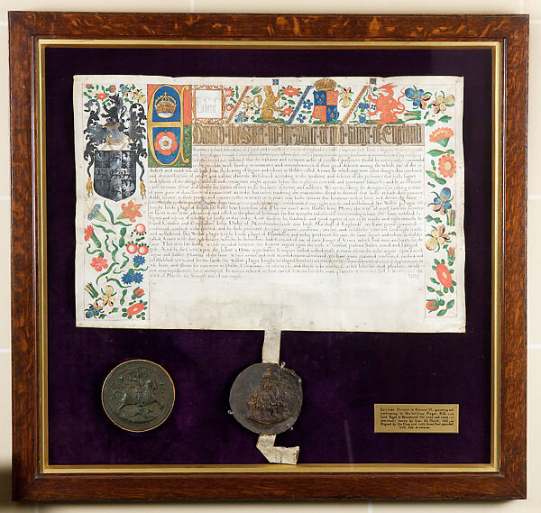 Letters Patent Granting Arms to William Paget, 1st Baron Paget de Beaudesert, by King Edward VI, Ink and bodycolour on vellum with wax seal