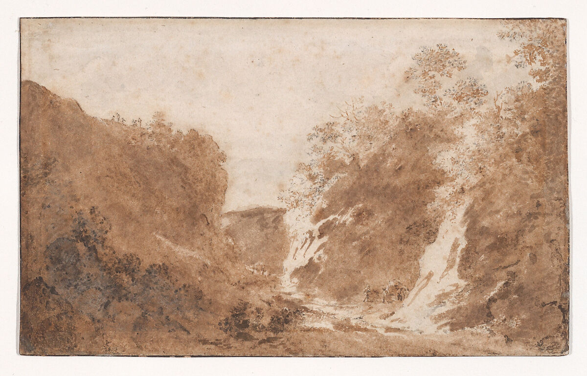 A Sunken Track with Travelers outside Brussels, Jan de Bisschop (Dutch, Amsterdam 1628–1671 The Hague), Black lead, brush and brown and gray wash; framing lines in pen and black ink 