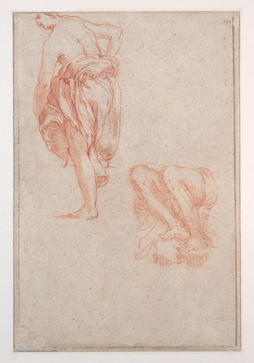 Three Studies of a Woman (recto); Woman from the Back, Study of Legs (verso), Abraham Bloemaert (Netherlandish, Gorinchem 1566–1651 Utrecht), Black chalk, brush and light gray wash (added later?), heightened with white chalk, some pen and brown ink for one of the women, on tan paper (recto); red chalk, red chalk counterproof (verso); framing lines in pen and brown ink both sides