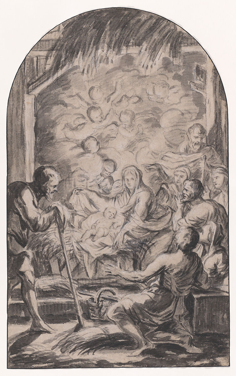 Adoration of the Shepherds, Jan Boeckhorst (Flemish, Münster or Rees ca. 1604–1668 Antwerp), Black ink and wash over preliminary drawing in black chalk on paper with white highlights with black framing lines 