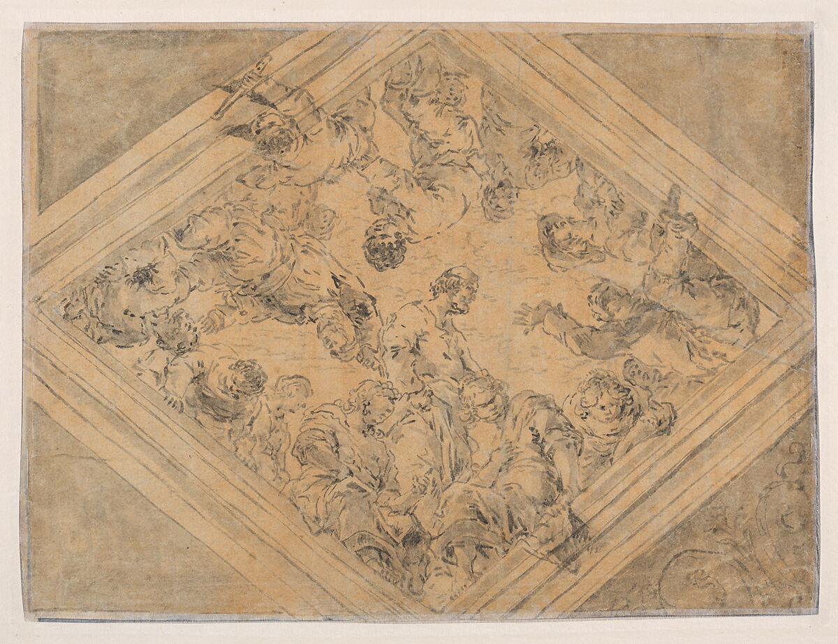 Ceiling Design with Figures along a Lozenge-Shaped Balustrade (recto); Alternative Design with Groups of Figures along a Lozenge-Shaped Window (verso), Leonaert Bramer (Dutch, Delft 1596–1674 Delft), Brush and gray and black ink, with gray wash; verso: brush and gray and some black ink, with gray wash on yellow prepared paper