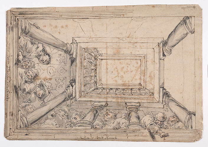 A Design for a Ceiling Decoration with Figures Looking down from a Pillared Gallery (recto); Figure Sketches (verso)