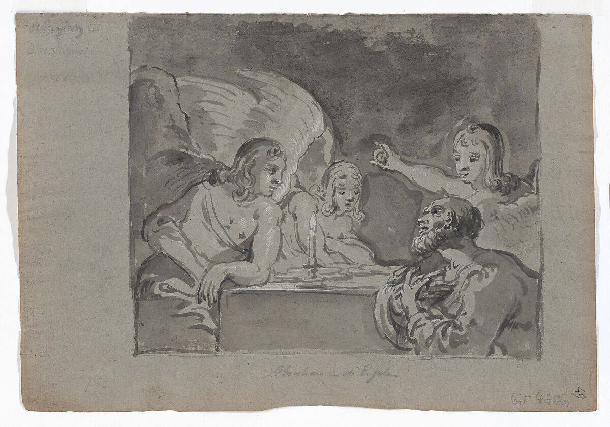 Abraham Entertaining the Three Angels, Leonaert Bramer (Dutch, Delft 1596–1674 Delft), Brush and gray wash, heightened with white bodycolor, on blue paper; framing lines in brush and gray wash and white bodycolor 