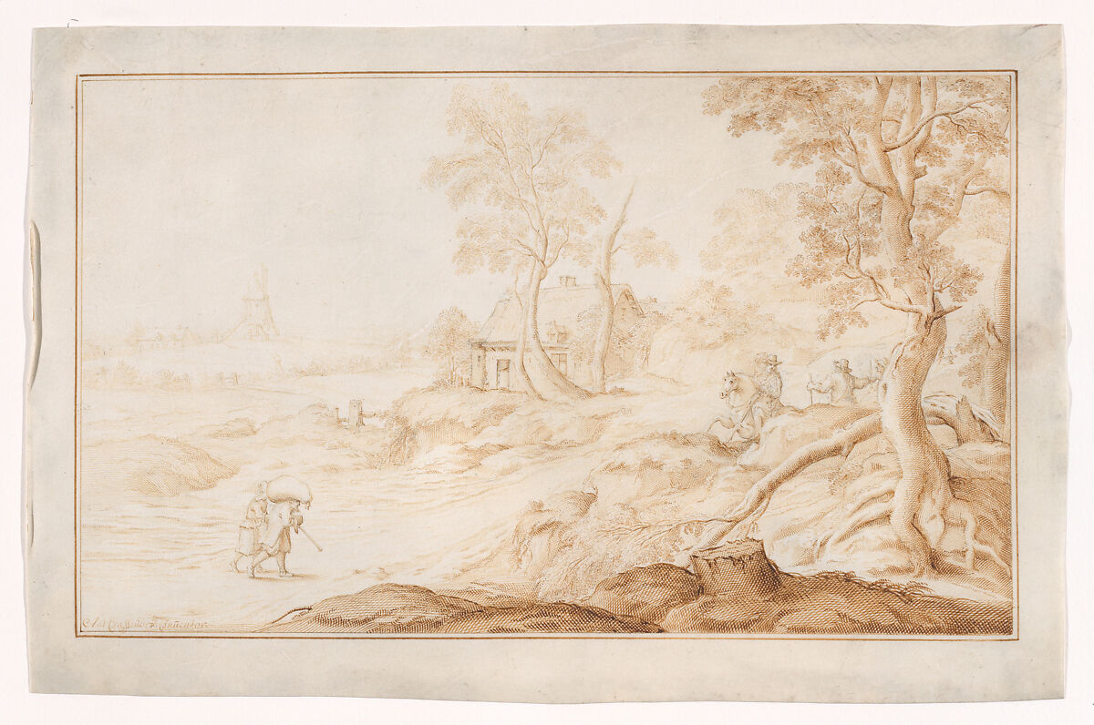 Landscape with a horseman and a windmill in the distance, Anton Crussens (Flemish, active Brussels, mid-17th century), Pen and brown ink on vellum, brown ink framing lines 