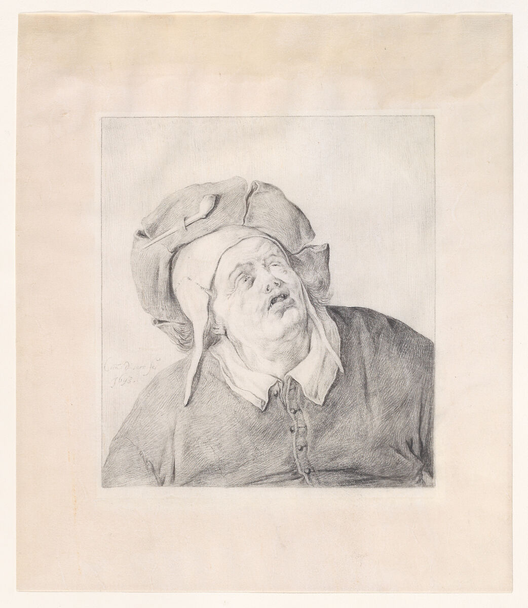 A man in a hat looking up, Cornelis Dusart (Dutch, Haarlem 1660–1704 Haarlem), Black chalk on vellum, black chalk framing lines 