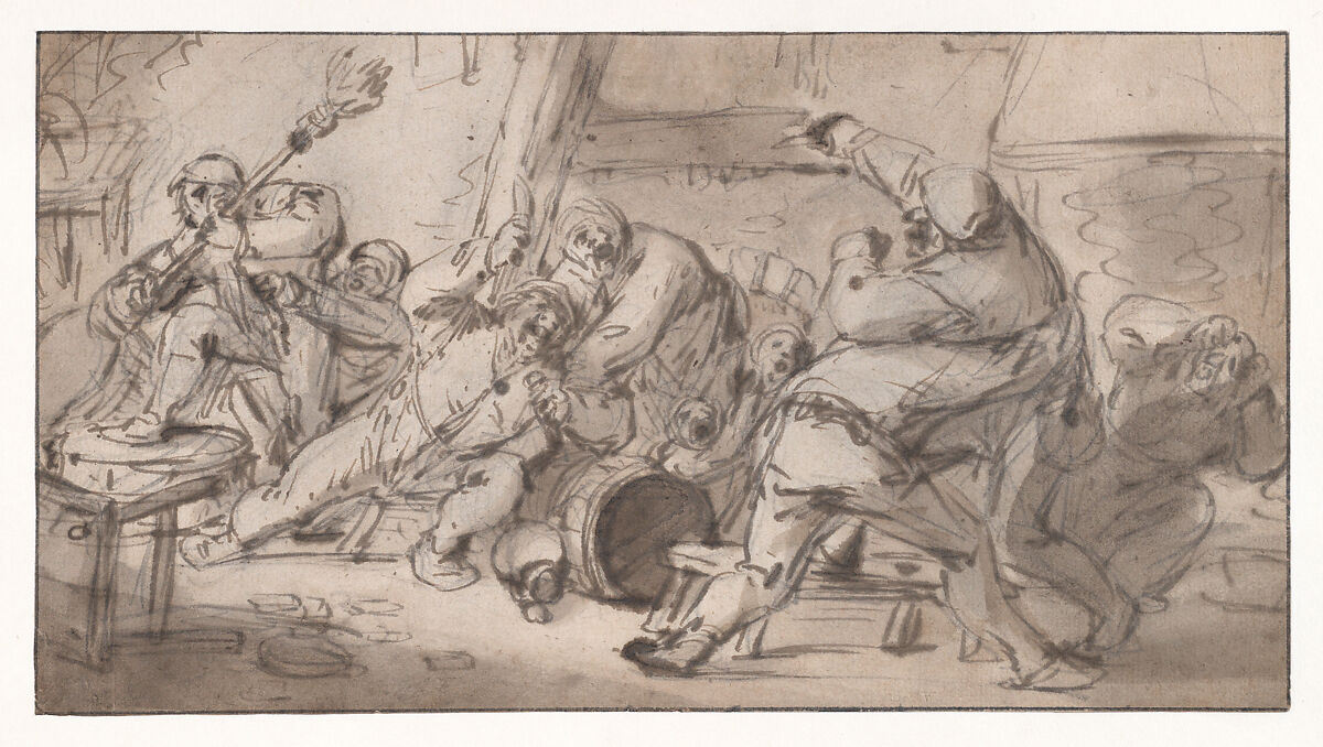 Peasants fighting in an inn, Adriaen van Ostade (Dutch, Haarlem 1610–1685 Haarlem), Pen and brown ink, brush and brown wash, over black chalk; framing lines in pen and black ink 