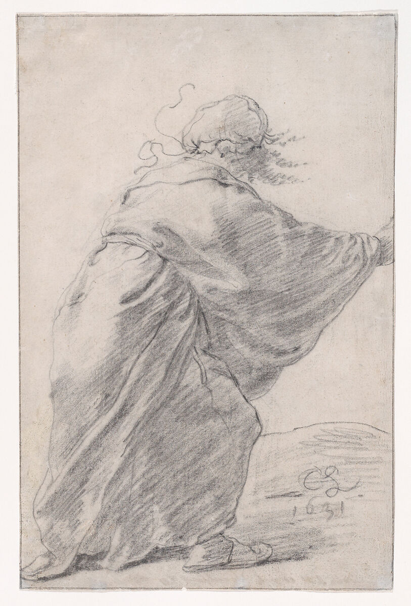 A wild-haired, robed woman rushing to the right, seen from behind, Cornelis Saftleven (Dutch, Gorinchem 1607–1681 Rotterdam), Black chalk, with touches of oiled black chalk 