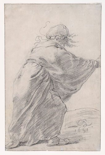 A wild-haired, robed woman rushing to the right, seen from behind