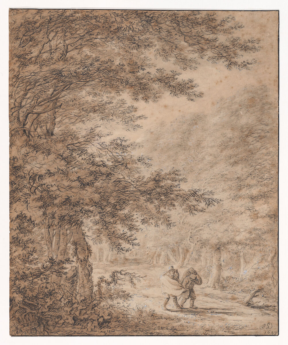 Travelers in a Forest, Herman Saftleven II (Dutch, Rotterdam 1609–1685 Utrecht), Black chalk, brush and black and brown wash, heightened with white, black framing lines on three sides 