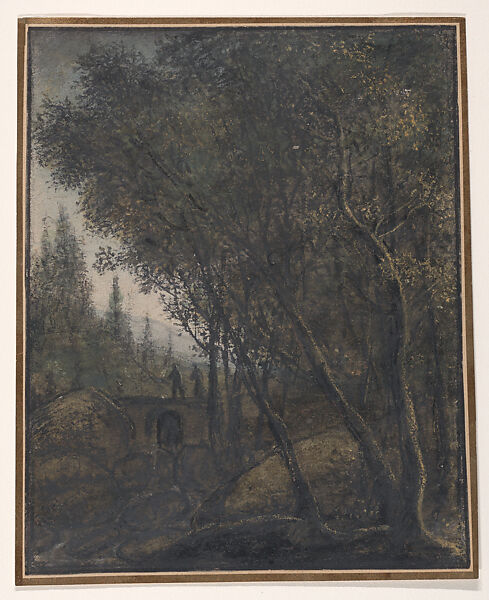 A Wooded Landscape with Travelers Crossing a Small Bridge over a River, Anthonie Waterloo (Dutch, Lille 1609–1690 Utrecht), Black chalk, watercolor and gouache on pale blue paper; framing lines in black ink and in black chalk  