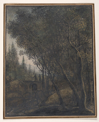 A Wooded Landscape with Travelers Crossing a Small Bridge over a River