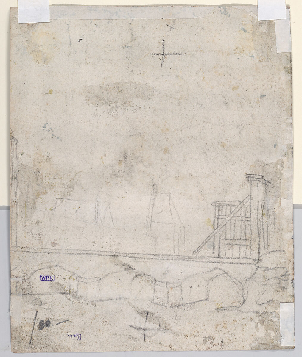 Landscape with a Traveler Crossing a Bridge (recto); Sketches of a Gate, a Bridge, and a Town Hall (verso), Anthonie Waterloo (Dutch, Lille 1609–1690 Utrecht), Black chalk, watercolor and gouache; framing lines in black ink (recto); black chalk (verso)