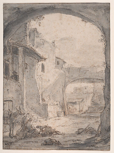 View in an Italianate Courtyard (courtyard with stairs and a round arch)