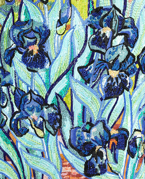 "Irises", Yves Saint Laurent (French, founded 1961), (a) silk, glass, plastic, metal, pearl, (b) silk, (c) silk, French