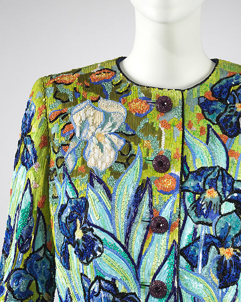"Irises", Yves Saint Laurent (French, founded 1961), (a) silk, glass, plastic, metal, pearl, (b) silk, (c) silk, French