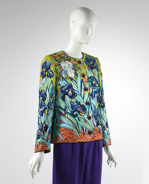 "Irises", Yves Saint Laurent  French, (a) silk, glass, plastic, metal, pearl, (b) silk, (c) silk, French