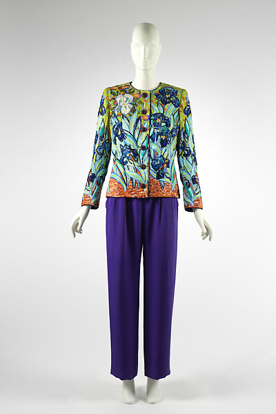 "Irises", Yves Saint Laurent (French, founded 1961), (a) silk, glass, plastic, metal, pearl, (b) silk, (c) silk, French