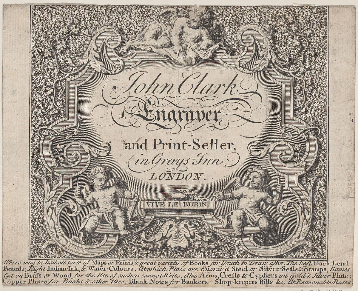 Trade Card for John Clark, Engraver & Printseller, Anonymous, British, 18th century, Engraving 