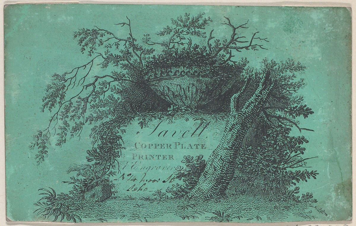 Trade Card for Savell, Copper Plate Printer, Anonymous, British, 18th century, Engraving 