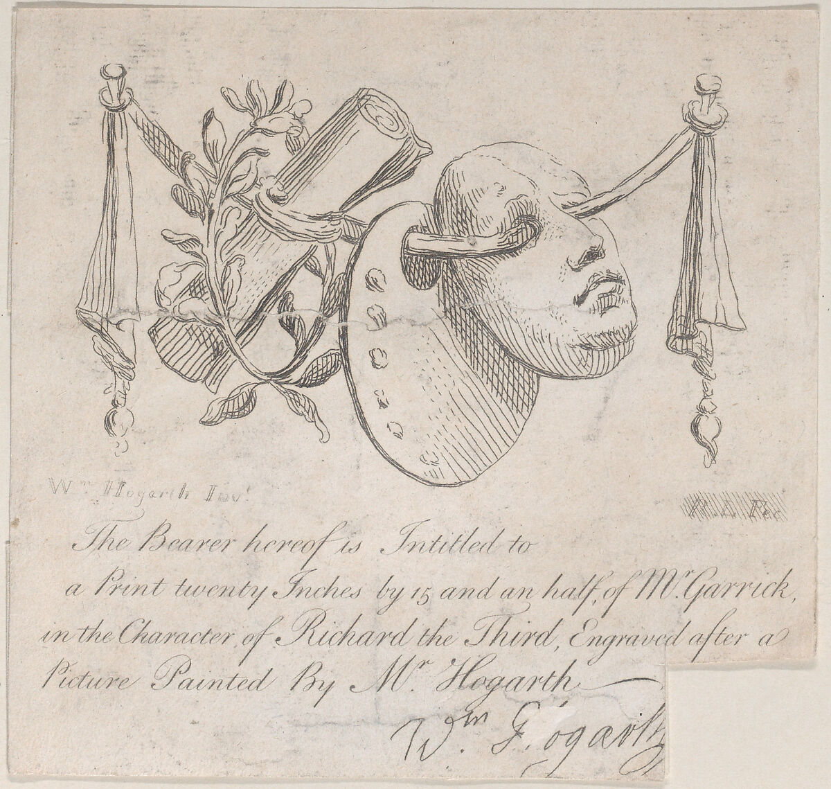 Subscription Ticket for "Garrick in the Character of Richard III", William Hogarth (British, London 1697–1764 London), Etching 