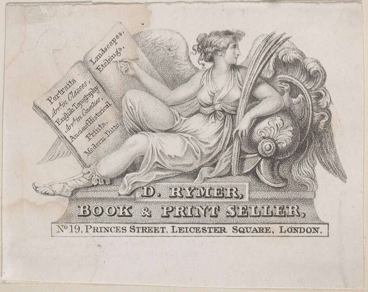 Trade Card for D. Rymer, Book & Print Seller, Anonymous, British, 18th century, Engraving 