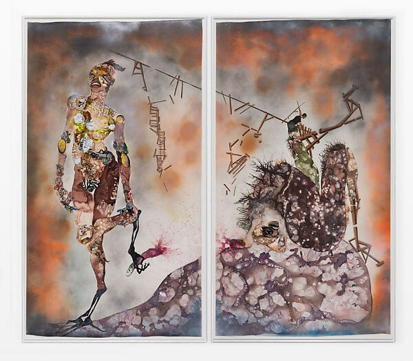 My Strength Lies, Wangechi Mutu (Kenyan-American, born Nairobi, 1972), Ink, acrylic, photomechanically printed cut and pasted paper, contact paper, metallic sequin and glitter on two mylar sheets