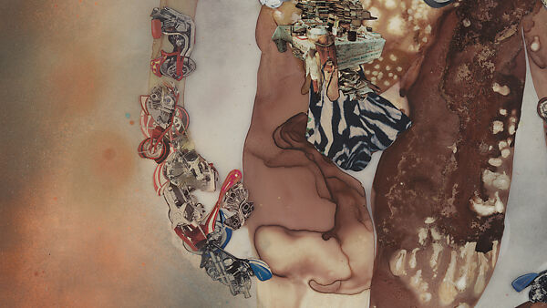 My Strength Lies, Wangechi Mutu (Kenyan-American, born Nairobi, 1972), Ink, acrylic, photomechanically printed cut and pasted paper, contact paper, metallic sequin and glitter on two mylar sheets