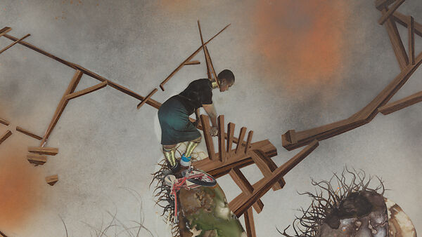 My Strength Lies, Wangechi Mutu (Kenyan-American, born Nairobi, 1972), Ink, acrylic, photomechanically printed cut and pasted paper, contact paper, metallic sequin and glitter on two mylar sheets