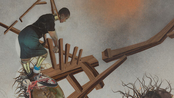 My Strength Lies, Wangechi Mutu (Kenyan-American, born Nairobi, 1972), Ink, acrylic, photomechanically printed cut and pasted paper, contact paper, metallic sequin and glitter on two mylar sheets