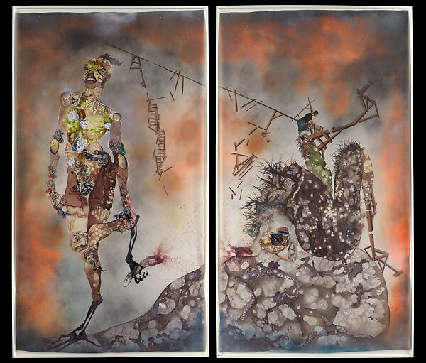 My Strength Lies, Wangechi Mutu (Kenyan-American, born Nairobi, 1972), Ink, acrylic, photomechanically printed cut and pasted paper, contact paper, metallic sequin and glitter on two mylar sheets 