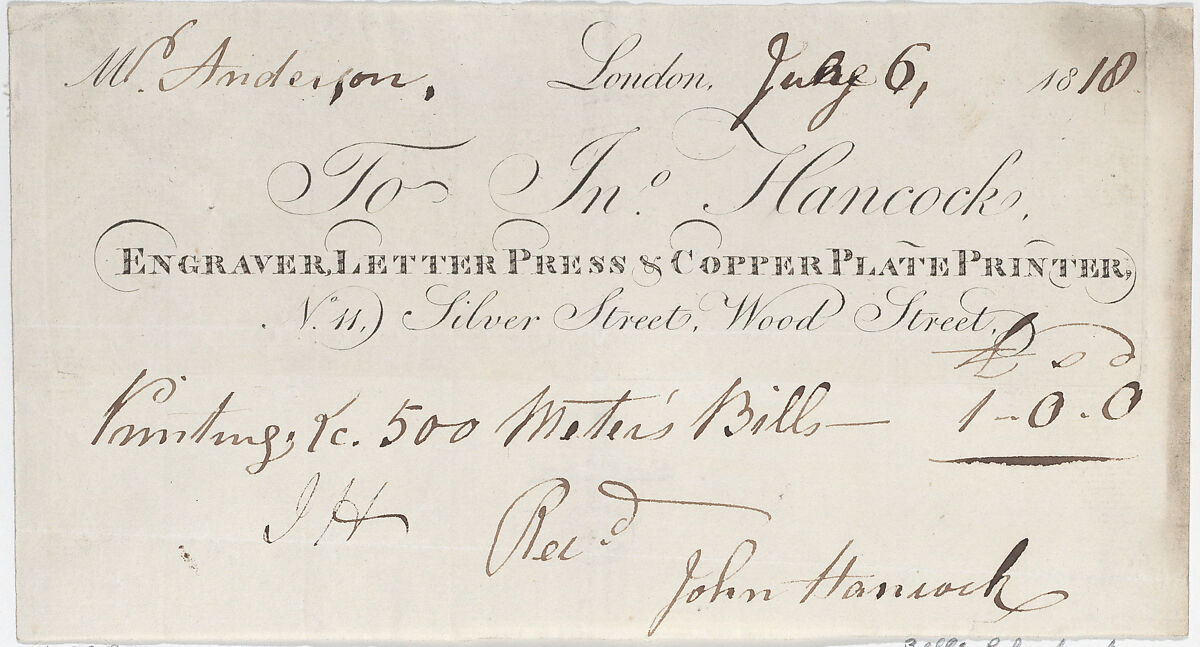 Trade Card for John Hancock, Engraver, Letter Press & Copper Plate Printer, Anonymous, British, early 19th century, Engraving 