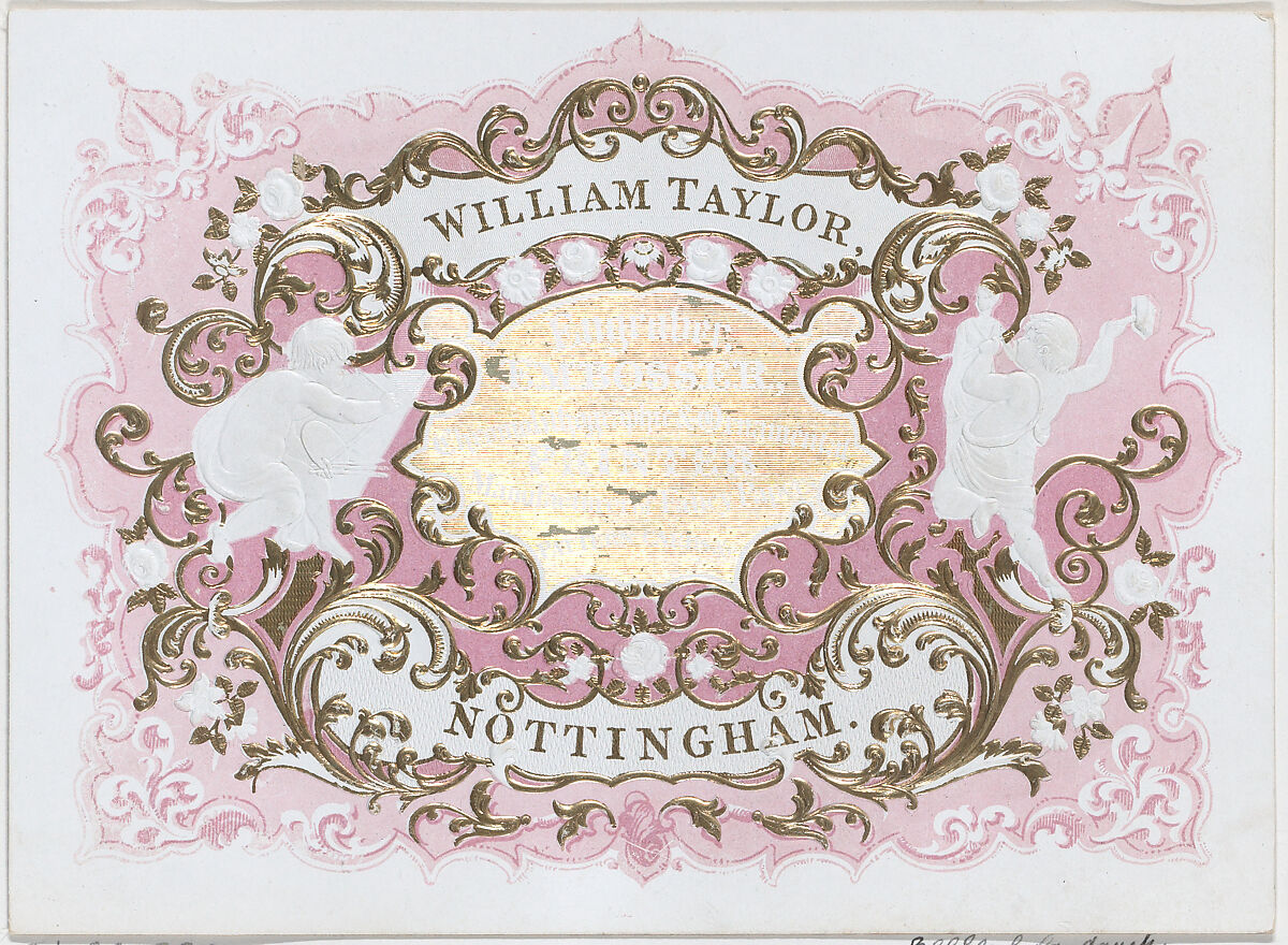 Trade Card for William Taylor, Engraver, Embosser & Printer, Anonymous, British, 19th century, Color lithograph 