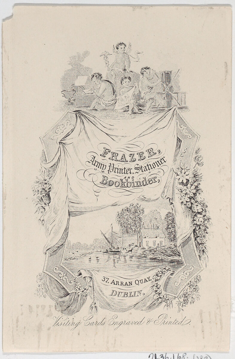 Trade card for Frazer, Army Printer, Stationer and Bookbinder, Anonymous, Irish, 19th century, Engraving 