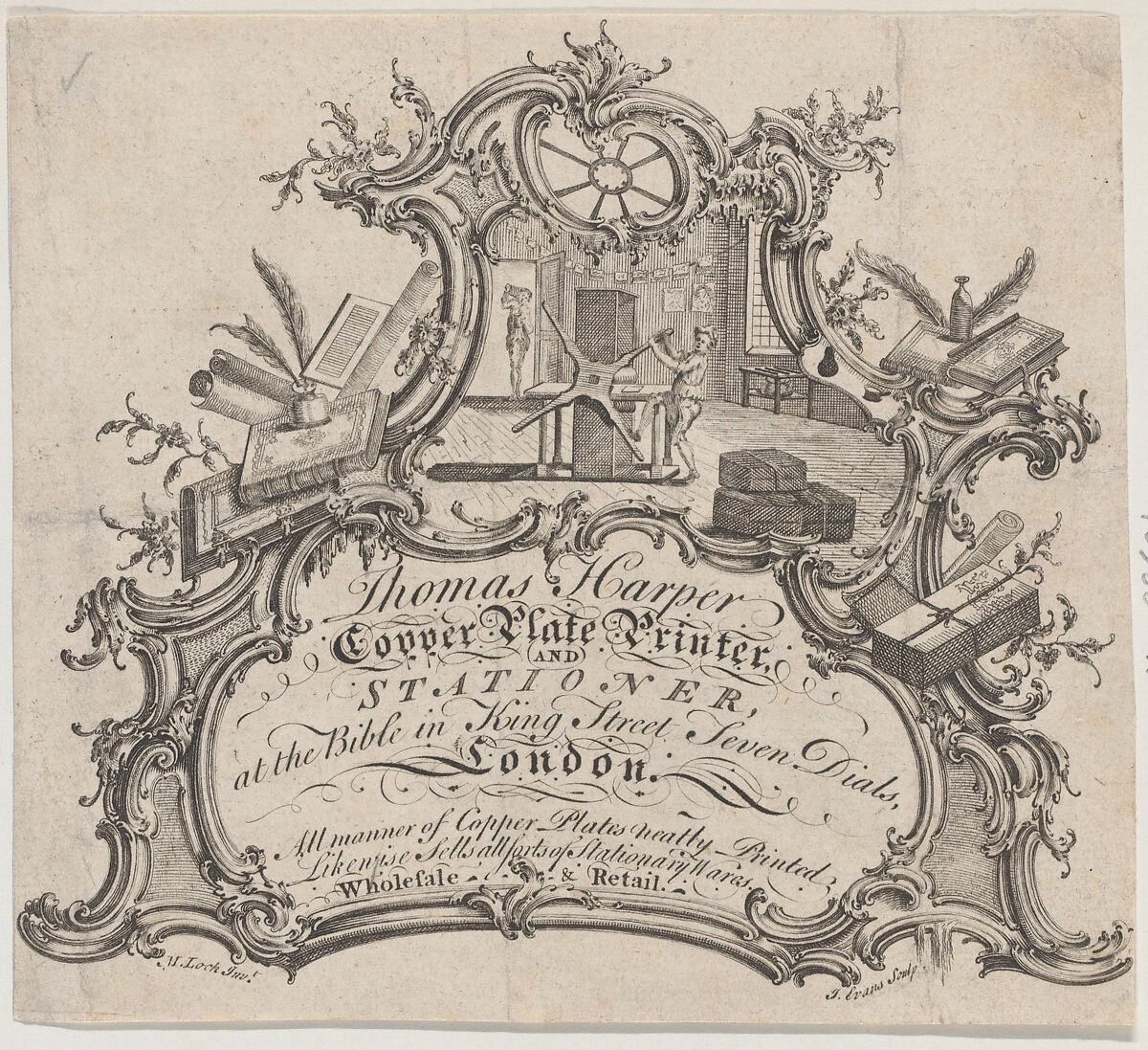 Trade Card for Thomas Harper, Copper Plate Printer and Stationer, Anonymous, British, 18th century, Engraving 