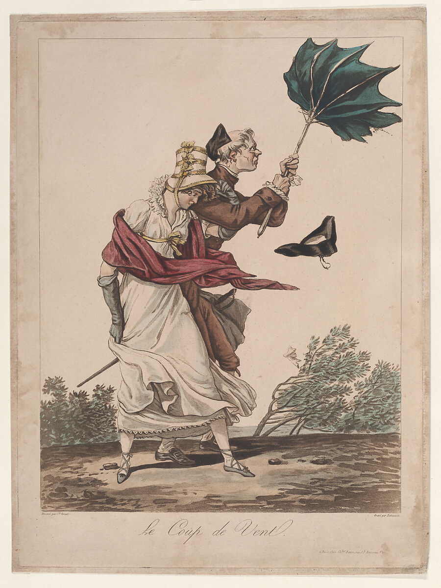 Le Coup de Vent, Louis Philibert Debucourt (French, Paris 1755–1832 Paris), Hand-colored etching and aquatint 