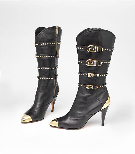Boots, Gianni Versace (Italian, founded 1978), leather, metal, glass, Italian 