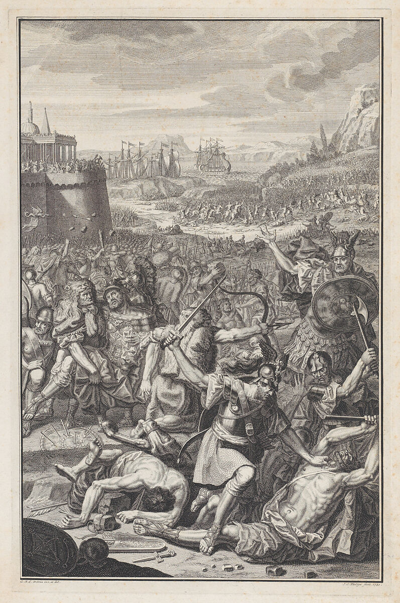 Battle scene with a man about to be stabbed with a sword at lower right, Jan Caspar Philips (Dutch, ca. 1700–1775), Etching 