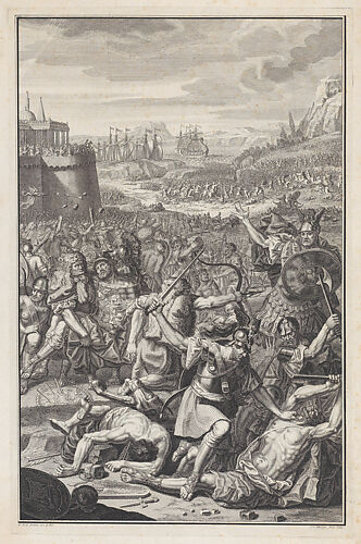 Battle scene with a man about to be stabbed with a sword at lower right