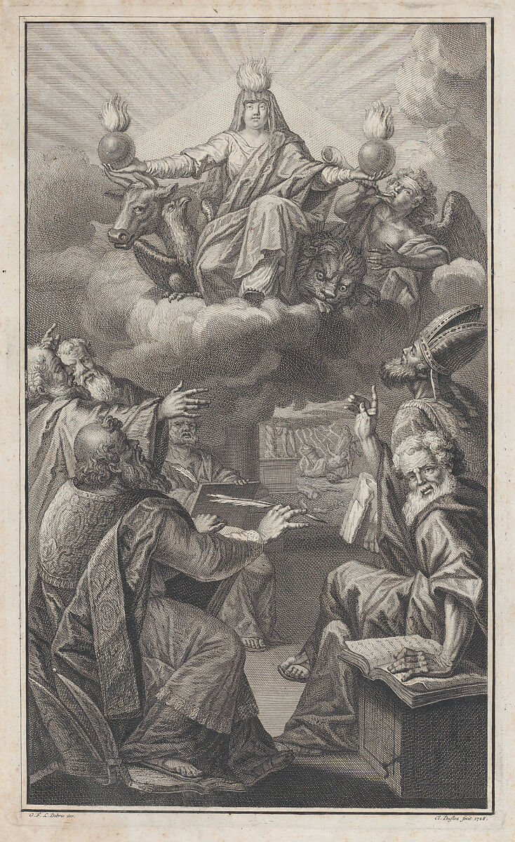 Allegorical figure appearing on clouds overhead while a group of men gathered below look up in astonishment, Claude Augustin Duflos le Jeune (French, Paris 1700–1786 Paris), Etching 