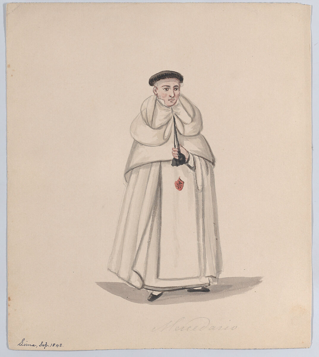A priest from the Mercederian order (Order of Our Lady of Mercy), from a group of drawings depicting Peruvian dress, Attributed to Francisco (Pancho) Fierro (African Peruvian, 1807–1879), Watercolor 