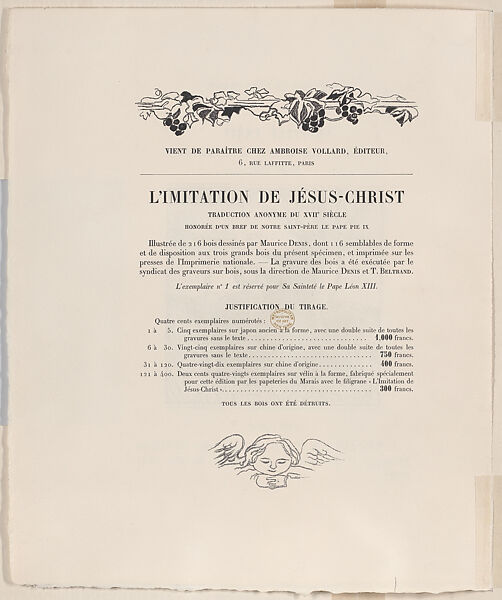 Page 268, woman holding a goblet in a landscape (recto); prospectus (verso), proofs from 'L'Imitation de Jésus Christ', Maurice Denis (French, Granville 1870–1943 Saint-Germain-en-Laye), Lithograph; proof