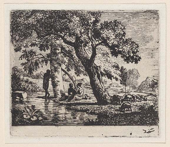 Three figures seated beneath a tree with a body of water at left and sheep at right