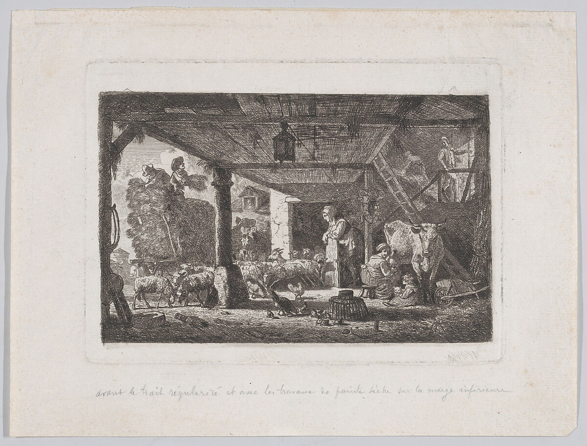 Interior of a barn with an unloading haywagon, Jean Louis de Marne (called Demarnette) (French, 1754–1829), Etching and drypoint 