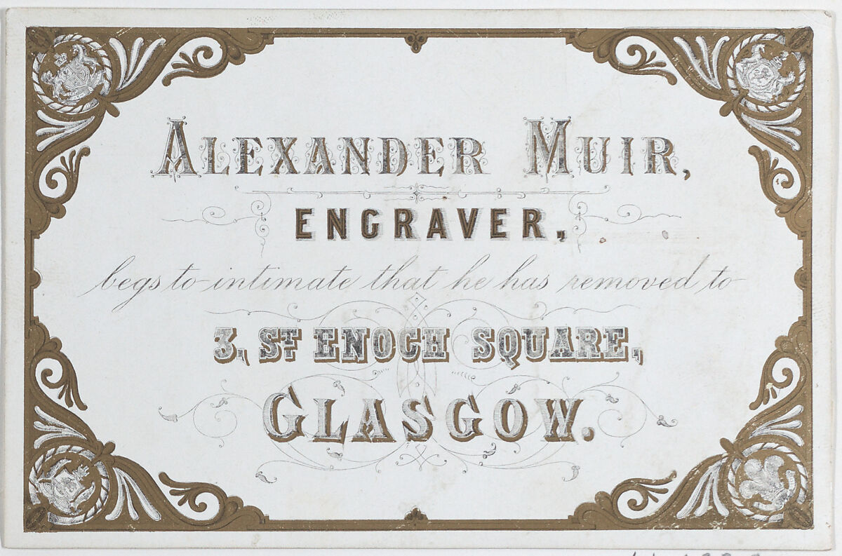 Trade Card for Alexander Muir, Engraver, Anonymous, British, 19th century, Commercial Lithograph 