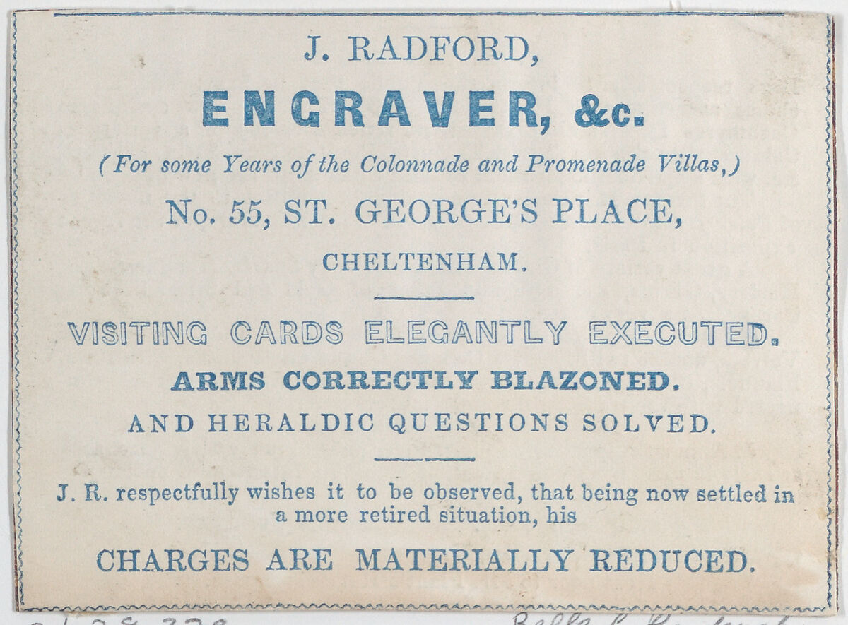 Trade Card for J. Radford, Engraver, Anonymous, British, 19th century, Engraving 