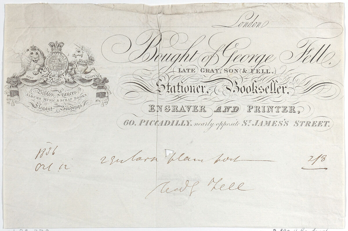 Trade Card for George Fell, Stationer, Bookseller, Engraver and Printer, Anonymous, British, 19th century, Engraving 